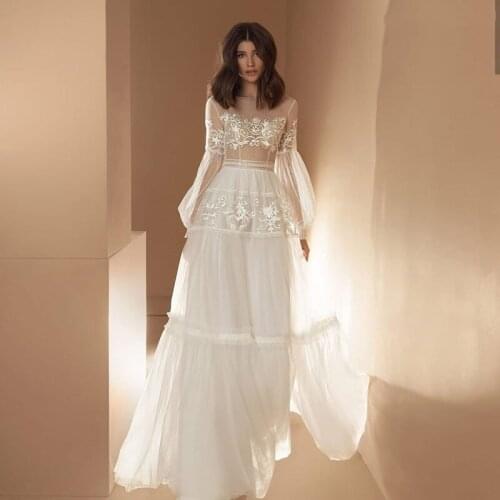 Luxury O-Neck Wedding Dress Boho Pleats A-Line Full Sleeves Lantern Long Sleeves Sexy Elegant Bridal Gowns Floor Length 2021