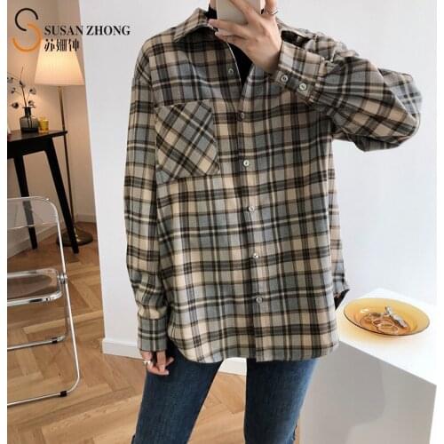 Women Shirts Casual Female Long Sleeve Blouse Vintage Tops Check Plaid Turn-Down Collar Button Cuff Pocket Spring Korean Fashion