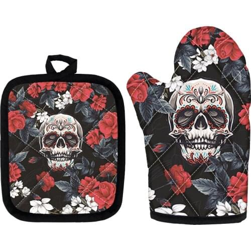 Cool Skull Rose Pattern Kitchen Cooking Heat Insulation Pad/Mat Microwave Oven Mitts Premium Non-Slip Glove Washable Potholder
