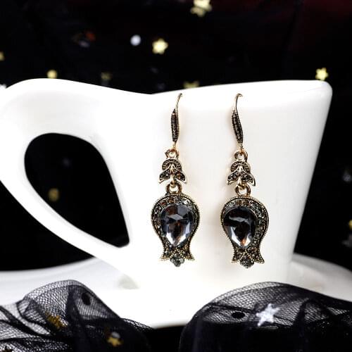 Sunspicems Luxury Bohemia Gray Big Crystal Bridal Earrings For Women Antique Gold Beach Party Drop Earrings Vintage Jewelry