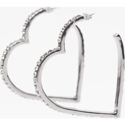 ZA Earrings Punk Style Trendy Ladies Silver Color Metal Rhinestone Large Heart Drop Earrings For Women Party Jewelry Gifts