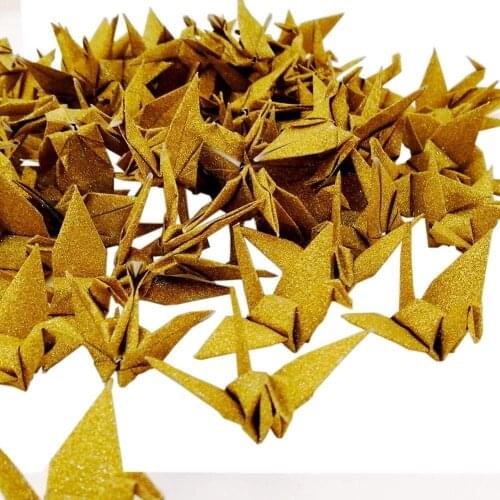 Folded 100Pcs Origami Paper Cranes Glitter Gold DIY Crane Mobile String Garland for Wedding Birthday Party Backdrop Home Decor