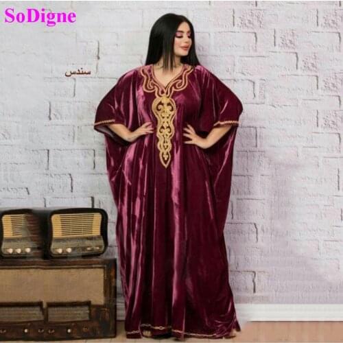SoDigne Muslim Algeria Evening Dresses Gold Appliques Long Sleeves Velvet Arabic Kaftan Dubai Prom Dress Party Gown