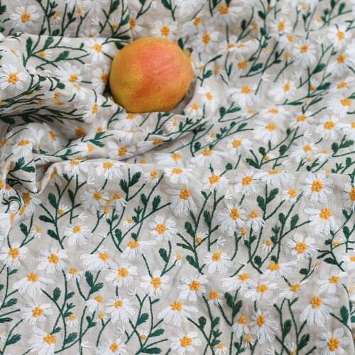 High Quality Daisy Flower Embroidered Cotton and Ramie Lace Fabric Material DIY Handmade Clothes Accessories Width 125cm 1Yard