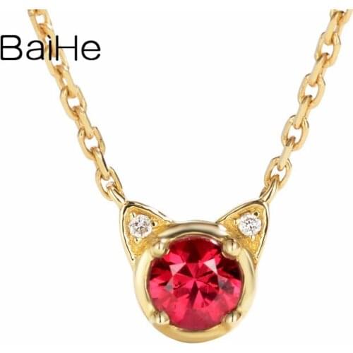 BAIHE Solid 18K Yellow Gold 0.20ct Round Natural Ruby Engagement Fine Jewelry Gift Beautiful kitten shaped Necklaces