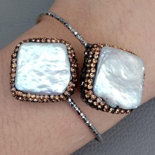 YYGEM Natural Cultured White Square Keshi Pearl Cubic Zirconia pave silver color plated Bangle Bracelet cute for women