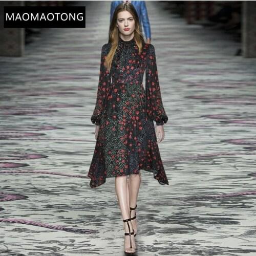 Womens Clothing Fashion Designer Dress Autumn Womens Dress Lantern Sleeve Floral Print Vintage Asymmetrical Dresses