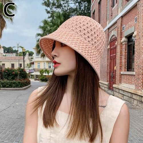 2021 Solid Color Handmade Crochet Floppy Top Summer Hats For Women Hollow Out Knit Dome Bucket Hat Wide Brim Foldable Beach Caps