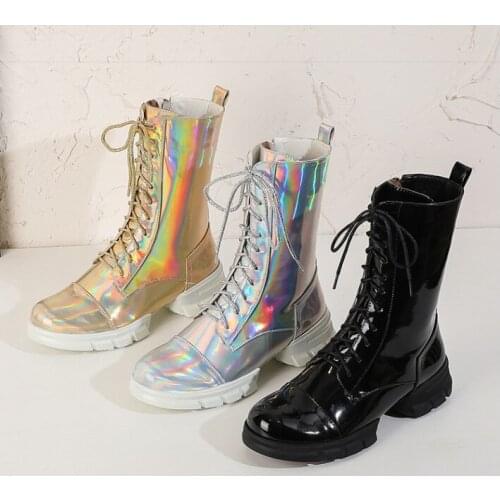OLOMLB Womens Patent Leather Glitter Ankle Boots Lace Up Punk Motorcycle Hoof Heels Shoes Plus Size 34-44 3Colors