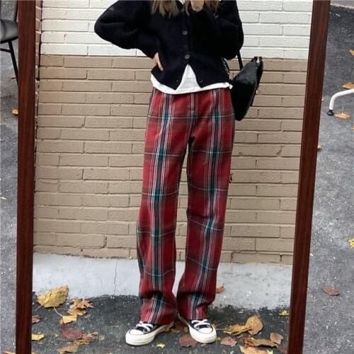 Women Pants 2021spring Clothing Pants Autumn Winter Plaid Pants High Waist Baggy Straight Trousers Pantalones De Mujer