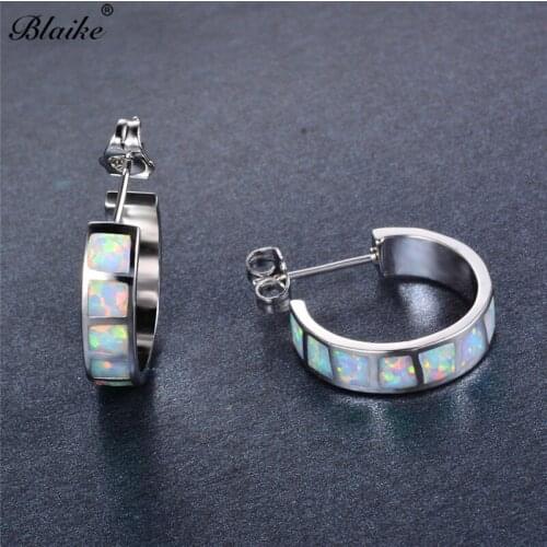 Blaike Unique One Row Square White Fire Opal Hoop Earrings for Women Silver Color Birthstone Thanksgiving Jewelry