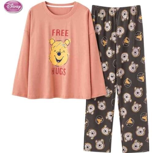 Disney Winnie the Pooh Winter Autumn Womens Sleep Lounge Pajama Set Long Sleeved Blouse and Pants Cotton Pajama Set Pyjamas