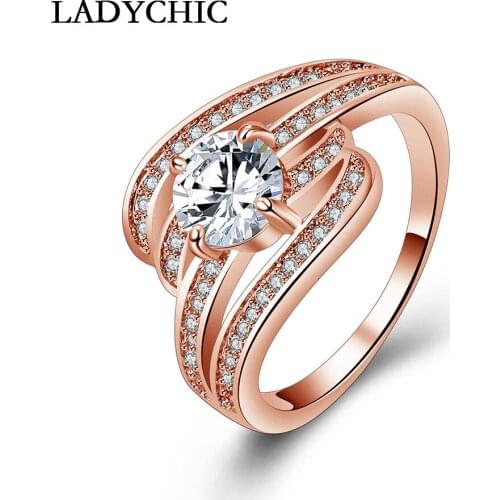 LADYCHIC Elegance Fashion Rose/White Gold Color Zircon Rings for Women Top Quality Angel Wings Ring for Party Engagement LR1048