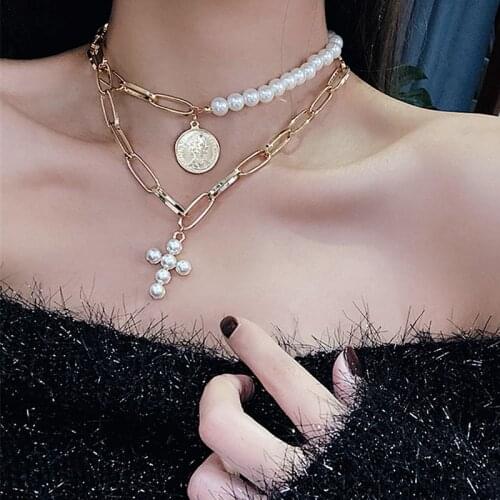 YdgyLuxury Design Imitation Pearls Choker Necklace Female Cross Pendant Necklaces for Women 2019 Fashion Gold Coin Jewelry