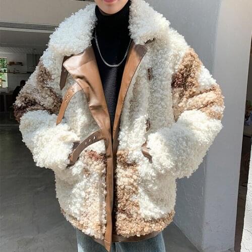 Winter Mens Warm Parkas Lambswool Mixed Color Loose Coat Belt Buckle Motorcycle X38