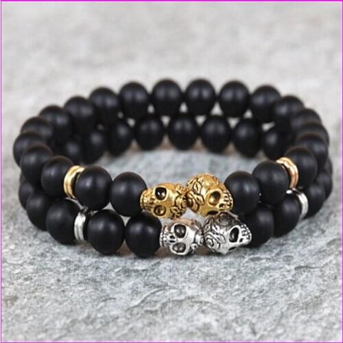 1pcs 2017 new fashion 8mm beads bracelet color skull head natural matte black stone mens beads bracelet