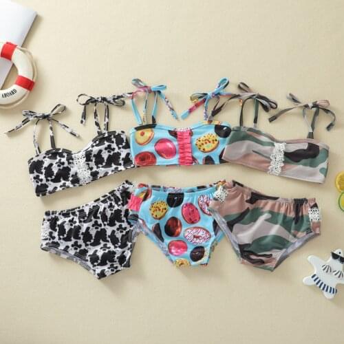 2 Pcs Newborn Bathing Suits Baby Girls Tie-up Printed Boat Neck Spaghetti Strap Bikini Tops + Swimming Bottoms
