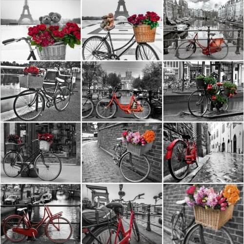 AZQSD Diamond Painting Bicycle Tower Cross Stitch Black And White Diamond Embroidery Landscape Handmade Rhinestone Home Decor