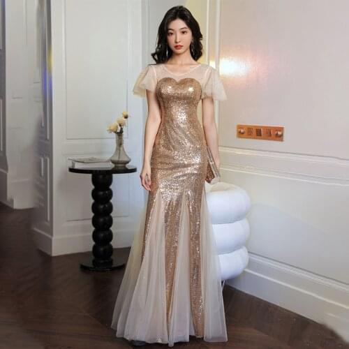 Sequins V-Neck Short Sleeves Evening Dresses Simple Zipper Back Mermaid Floor-length Plus size Women Formal Party Dress C1084