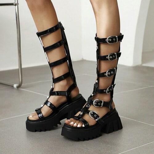 Patent PU Leather Platform Wedges High Heel Women Gladiator Shoes Fashion Buckle Zipper Women Sandals Summer Punk Womens Shoes