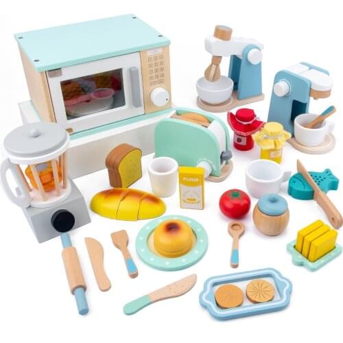 Wooden Kitchen Toys Kids Early Learning Toy Girls Pretend Play Kitchen Items Set Coffee Machine Blender Juicer Toys for Children