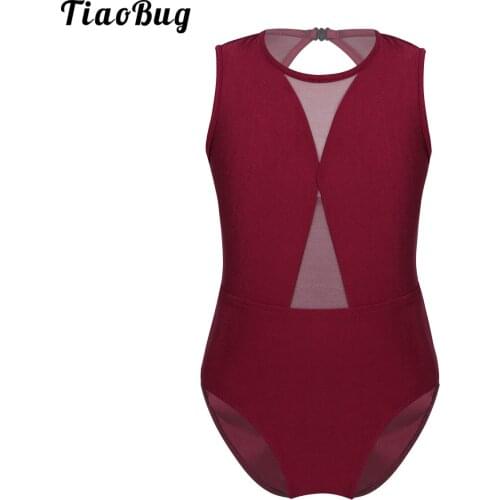 TiaoBug Kids Girls Ballet Dance Bodysuit Sleeveless Mesh Keyhole Back Dress Gymnastics Leotard Jumpsuit