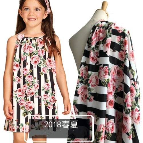 European and American catwalk models flower childrens black stripes rose pattern digital printing fabrics senior printing cloth