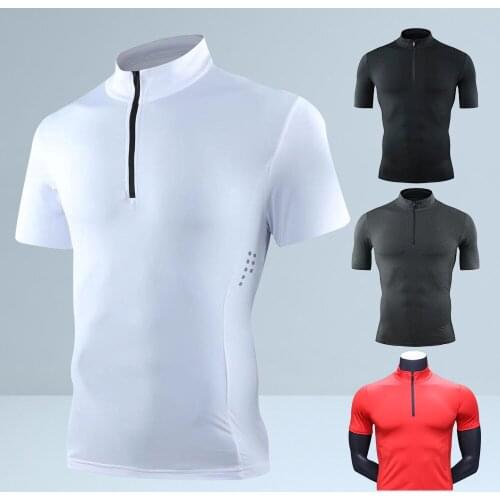 Mans T-Shirt Summer Muscle T Shirt Male Fitness Bodybuilding Tops Polyester Elasticity T-Shirt Zipper Collar Short Sleeve Shirt