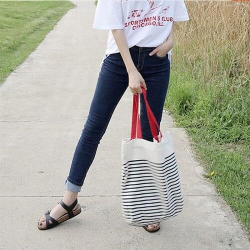 Cotton Stripe Canvas Shopping Tote Shoulder Carrying Bag Eco Reusable Bag Zippered Small Shopping Bag