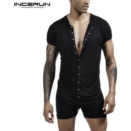 INCERUN Summer Men Pajamas Romper Short Sleeve Button Homewear Fashion Sleepwear Jumpsuit Solid Mens Playsuit Nightgown S-5XL