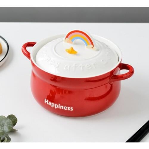 Ceramic Bowl with Rainbow Lid and Handle, for Cooking Hot Pot and Soup, 850ml Stovetop Ceramic Cookware, Soup Pot Stew Pan
