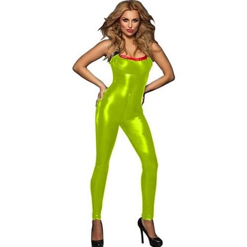 Sexy Women Bodysuits Faux Leather Catsuit Shiny Metallic Faux Leathe Jumpsuit for Women Off Sholder Women Clothing 7XL