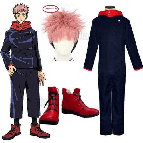 Anime Jujutsu Kaisen Yuji Itadori Cosplay Costume Adult Men Women Outfits Navy Blue Coat Top Pants Sportwear Halloween wig shoes