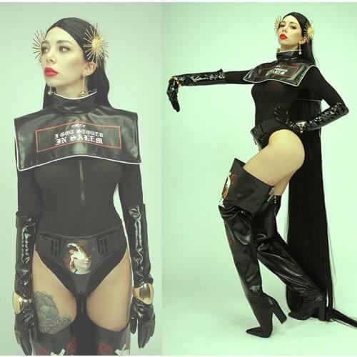 Gothic Nightclub Costume Adult Gogo Dance Outfit Designer Clothes Pu Leather Gogo Boots Pole Dance Set Drag Queen Costume DL7809