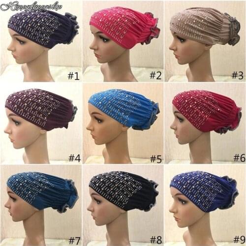 Fashion Muslim Female Big Flower Turban Hat Rhinestone Beanies Hair Cover Headwrap Women India Headwear African Bonnets