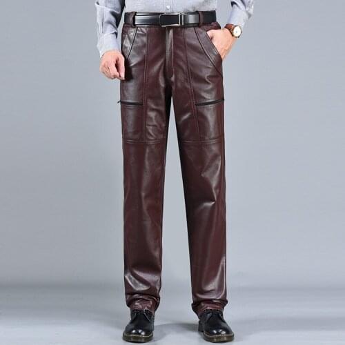Brand Autumn Spring Men Leather Pants Thicken Elastic Waist Winter Male Genuine Cowhide Leather Trousers Punk Motorcycle Pants