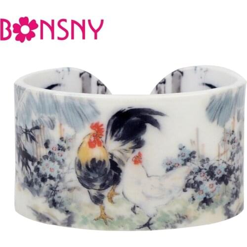 Bonsny Plastic Chinese Pastoral Chicken Painting Bangles Bracelets Novelty Ethnic Vintage Craft Jewelry For Women Girls Ladies