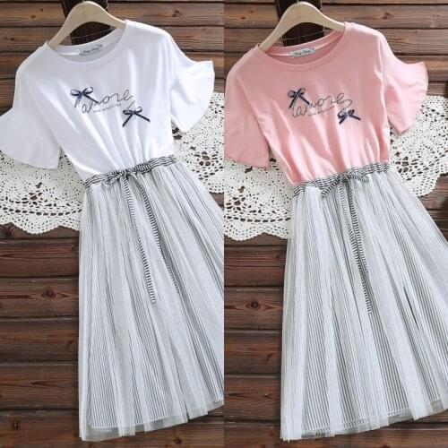 1pcs Junior High School Student Bowknot Summer Short Sleeve Princess Dress Daily Outdoor Costumes for Girl Christmas Gift New