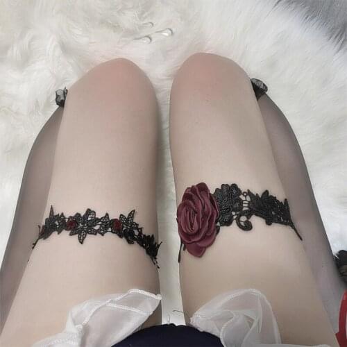 Paloli 2pcs Rose Bridal Lace Leg Ring Loop Elastic Accessories Versatile Black Embroidery Floral Sexy Garters Temperament Girl
