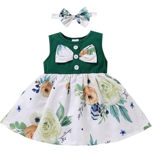 Girls Casual Two-piece Clothes Set, Green Round Collar Sleeveless Dress + White Floral Printed Pattern Headdress