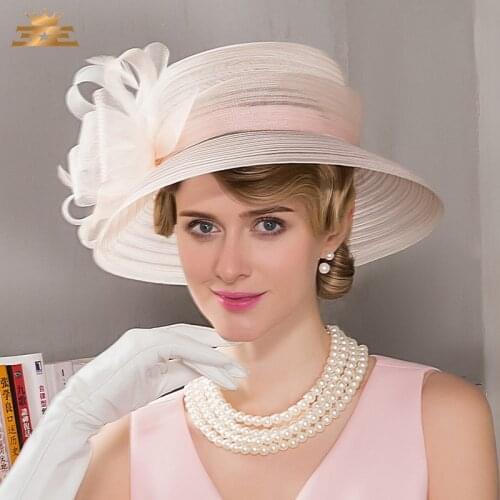 Wide Brim Ladies Hats Wedding Bowknot Feather Fedoras Pink Kentucky Derby Hoeden Summer Church Hat for Woman Party Hat B-8192