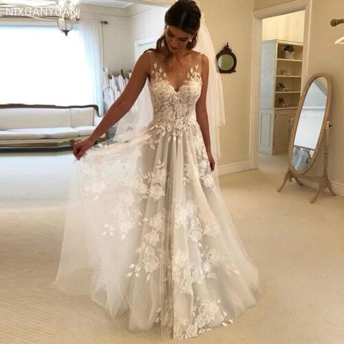 Boho Wedding Dress 2021 Appliqued Tulle Sheer A-Line Sexy Backless Beach Bride Dress Wedding Gowns Vestido De Noiva