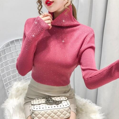 Turtleneck Sweater Fashion Bead Long Sleeve Solid Color Slim Pullover Sweaters for Women 2021 Spring Clothes