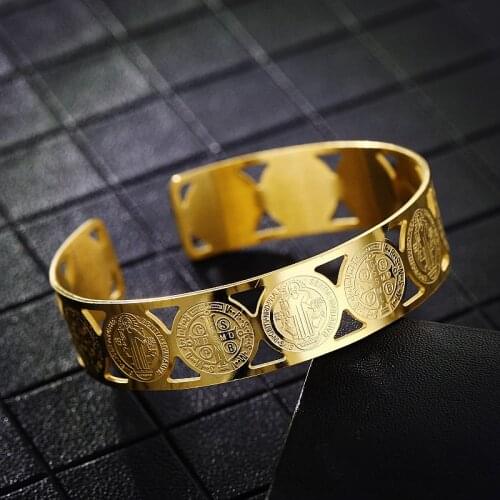 Vintage Women Men Catholic Medal San Benito Bracelet Bangles Titanium Stainless Steel Adjustable Bangles For Religious Jewelry