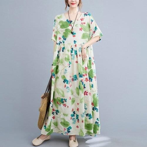 Oversized Women Summer Cotton Linen Long Dress New 2021 Vintage Floral Print Loose Comfortable Ladies Casual Maxi Dresses B597