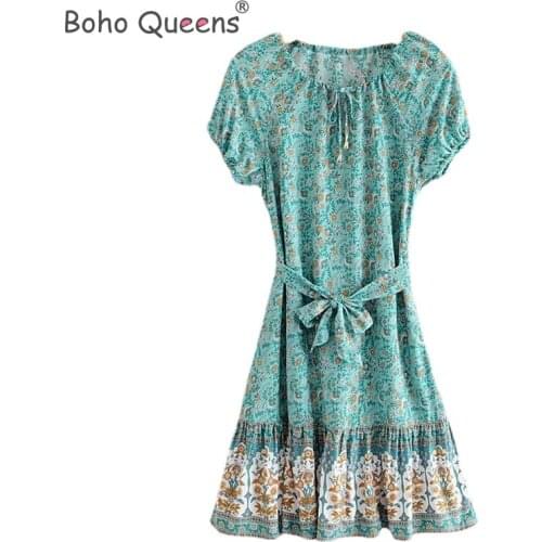 Boho Queens women Vacation floral print V-neck casual Bohemian mini dress Summer ladies short sleeve sashes dresses vestidos
