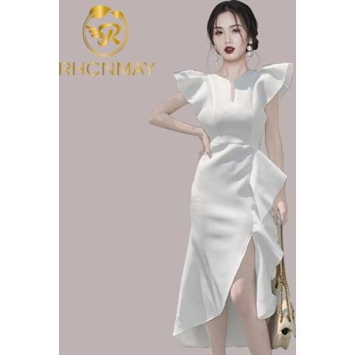 2021 New Summer Women Fashion V Neck White Ruffles Club Irregular Dress Sexy Sleeveless Midi Length Celebrity Runway Dress