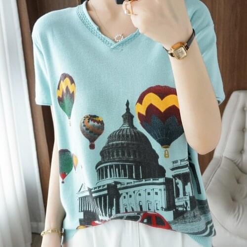 100% cotton short-sleeved 2021 summer new style ladies V-neck pullover loose casual printing large size knitted T-shirt top
