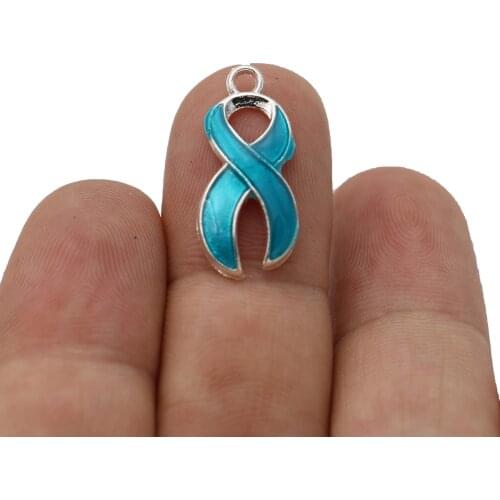 20pcs Silver Plated Teal Ovarian Cancer Hope Ribbon Charms Pendants for Jewelry Making Bracelet DIY Handmade 23*11mm