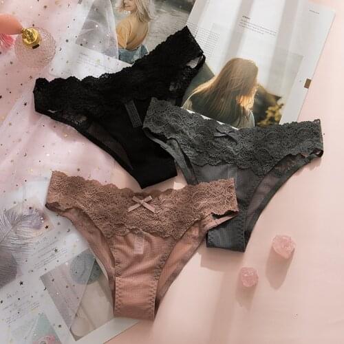 3Pcs Women Panties Sexy Lace Thongs Ultra-thin Mesh Transparent Lingerie Womens Soft Briefs Bow Panty Cotton Underwear